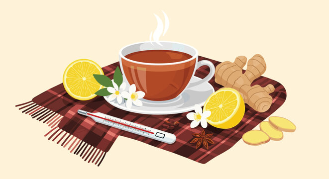 Warm cup of herbal tea served with fresh ginger slices, lemon, and a thermometer on a plaid scarf to treat cold and flu symptoms naturally.