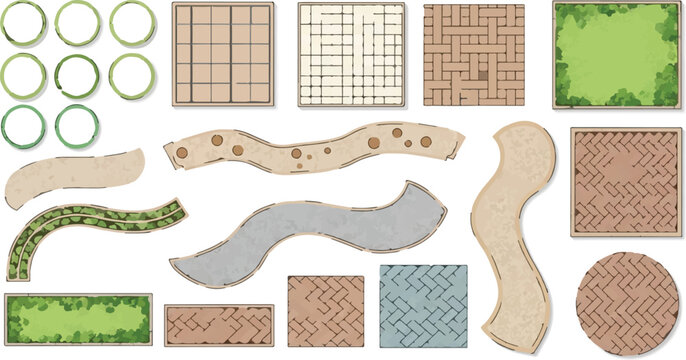 Landscape design elements vector set, garden plan symbols for architectural site mapping, top view paving textures and winding stone paths for backyard