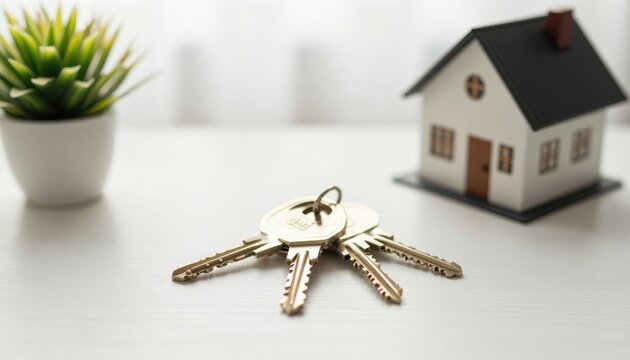 Key handover event for new homeowners real estate office image of keys and house indoor setting close-up view homeownership journey
