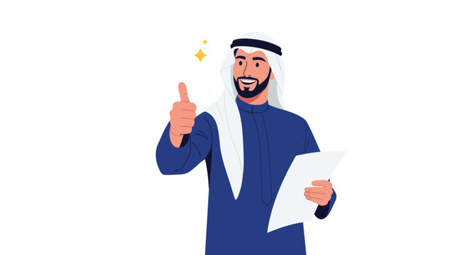 Cheerful man wearing traditional Arab clothing giving a thumbs up while holding a piece of white paper as a sign of success or approval.