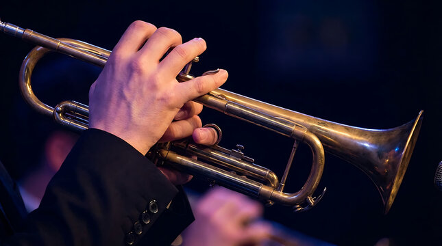 Man playing a shiny trumpet in a dark room with spotlight