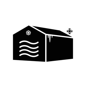 Black and white illustration of a cold storage building with icicles and snowflakes.