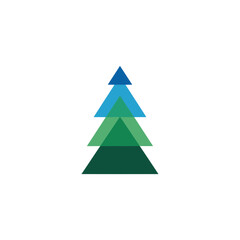 Obraz premium Geometric tree illustration with overlapping triangles in shades of green and blue minimalist design.