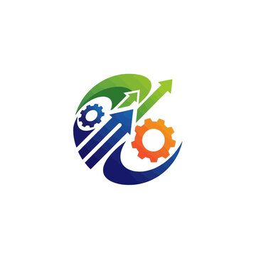 Innovative gear and arrow logo representing growth and progress in technology.