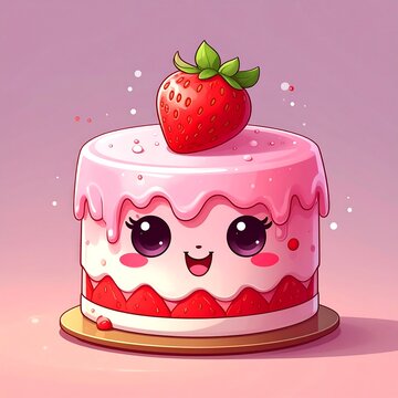 Adorable cartoon of a cake with pink frosting, a happy face, and a strawberry on top, with a light pink background