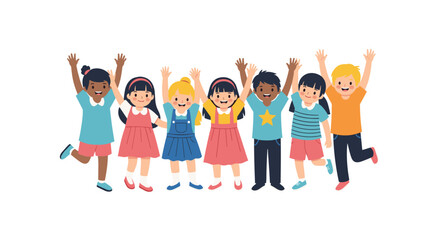 Fototapeta premium Group of diverse happy children standing together with their hands raised in the air celebrating joy and friendship.