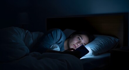 Fototapeta premium Portrait of a young woman lying in bed in the dark while playing with her brightly lit smartphone, with a disappointed expression while communicating with her friends online.