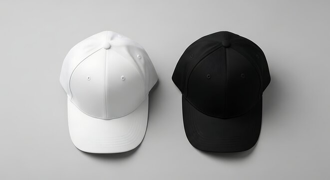 Two Baseball Caps - White and Black, Isolated on a Gray Background, Studio Shot.