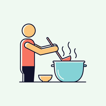 Person cooking food in a pot with a ladle preparing meal.