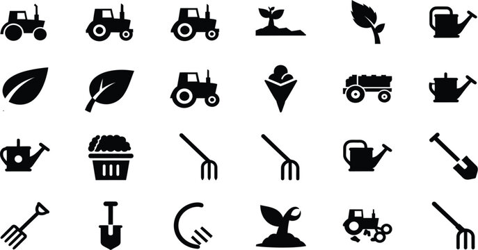 Set of farm and garden icons, featuring tractors, plants, watering cans, baskets, and farming tools