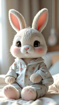 Adorable, fluffy bunny wearing pajamas, sitting on a bed with large eyes and rosy cheeks. The background is soft and blurred
