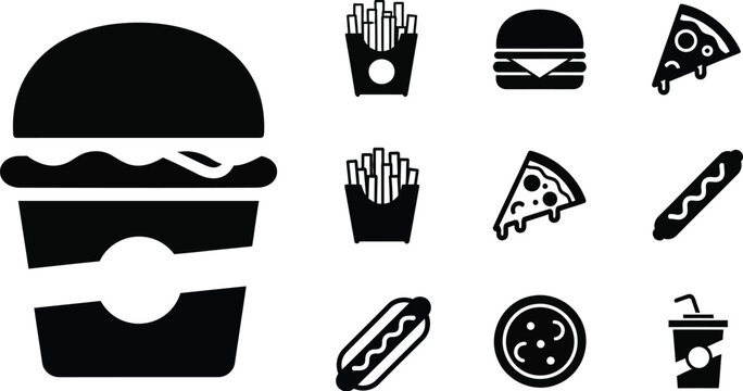 Collection of assorted fast food icons, including a burger, french fries, hot dog, pizza, and soda cup
