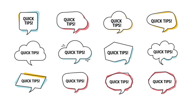 Collection of diverse speech bubble shapes containing quick tips text with colorful shadows for educational and helpful content.
