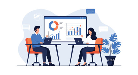Fototapeta premium Business colleagues working at their desks with laptops and a large data dashboard showing financial analytics.