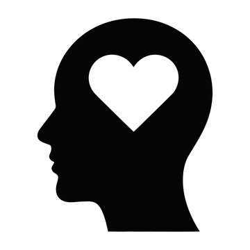 Vector silhouette of a human head with a white heart symbol inside the brain area