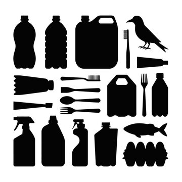 Collection of vector silhouettes of plastic waste recycling items and animals