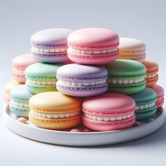 Fototapeta premium Assorted colorful macarons on a plate, bright pastel colors, realistic photography, high detail, commercial use