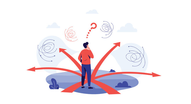 Undecided man stands at a crossroads with multiple red arrows pointing in different directions symbolizing complex decision making.