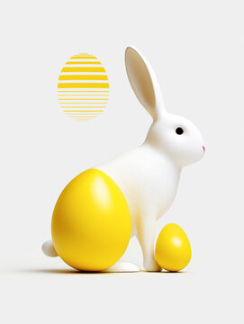 Easter concept. A minimalist 3D render of a white rabbit and yellow eggs against a white background. Space for text.