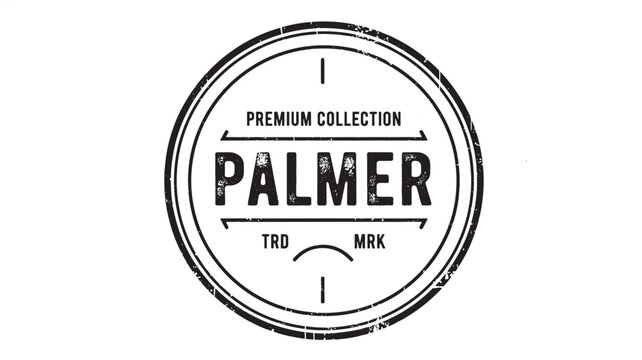 Circular vintage badge with the word Palmer and Premium Collection text in distressed black ink featuring logo, emblem, stamp with seal and circle