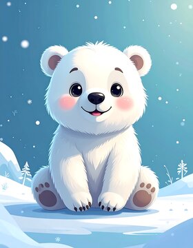 Adorable polar bear cub sitting in the snow, smiling with rosy cheeks, and innocent eyes. The background is a soft blue