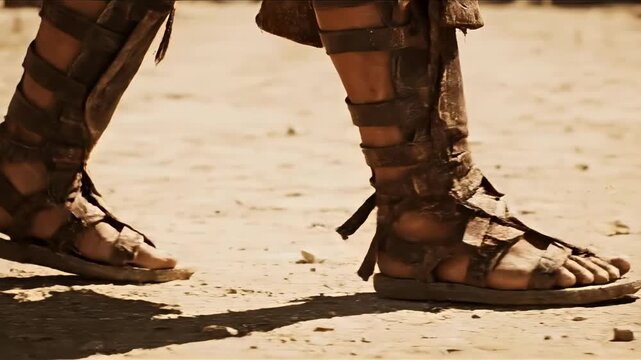 Close up of person's feet in ancient sandals walking on dusty desert ground for a historical journey concept and arduous perseverance