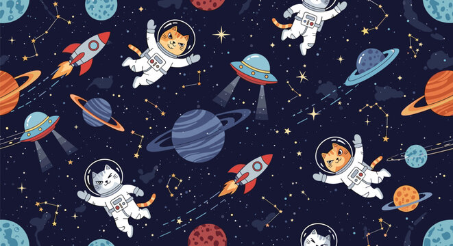 Playful seamless pattern features cute cat astronauts floating in outer space among colorful planets, stars, and spaceships.