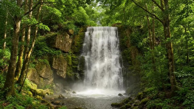 A majestic waterfall cascades down a rocky cliff face, surrounded by lush green trees and vibrant foliage, creating a serene natural landscape.