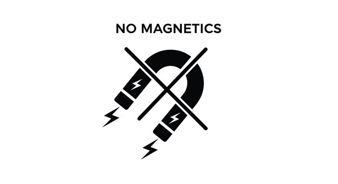 Safety warning sign features a crossed out horseshoe magnet with the text no magnetics for restricted areas or items.