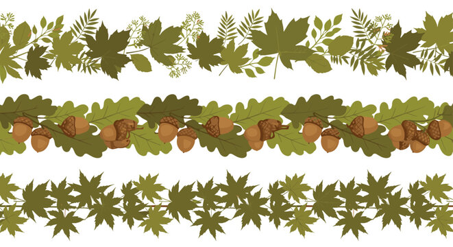 Three decorative autumn borders feature various green leaves acorns and botanical patterns for seasonal design projects.