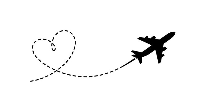 Airplane flying with a heart-shaped dotted line path, symbolizing love for travel and adventure.