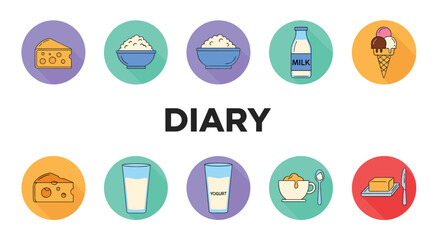 Fototapeta premium Selection of dairy product icons including milk cheese yogurt and ice cream arranged in a neat colorful grid layout.