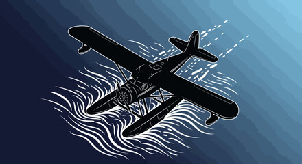 Seaplane silhouette on water, vector illustration. © Minato