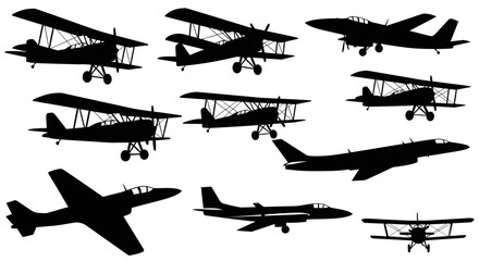 Collection of various airplane silhouettes, including biplanes and modern jets, on a white background. © Gina