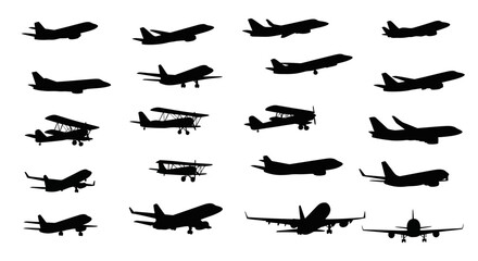 Collection of various airplane silhouettes on a white background. © Gina