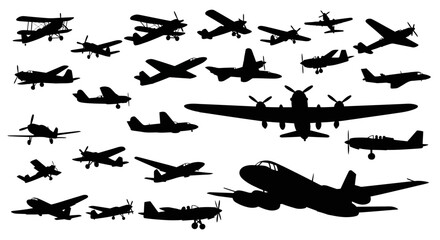 Collection of various airplane silhouettes on a white background. © Gina