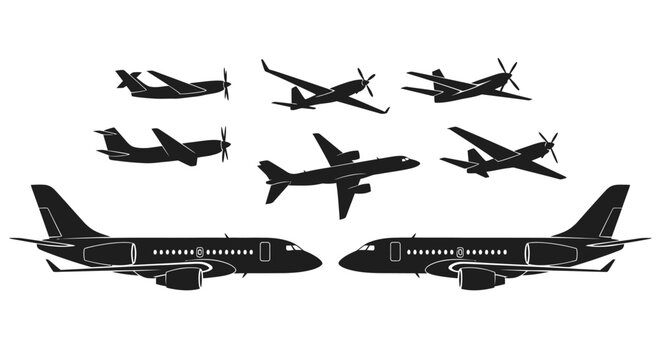 Collection of various airplane silhouettes, including passenger jets and propeller planes, showcasing different aircraft designs and flight configurations.