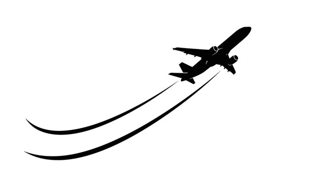 Silhouette of an airplane taking off, leaving a trail behind it, against a white background.