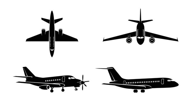 Set of four airplane silhouettes, showing different views and types of aircraft.