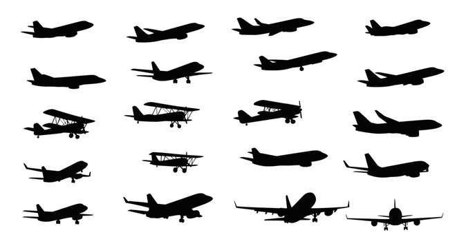 Collection of various airplane silhouettes on a white background.