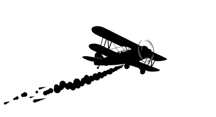 Silhouette of a biplane flying with a smoke trail against a white background. © Minato