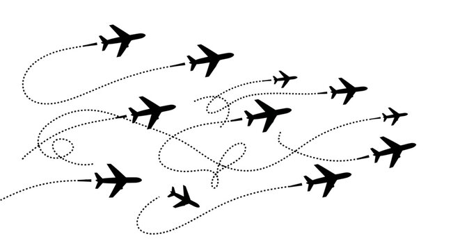 Airplanes flying with dotted lines showing their flight paths.