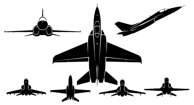 Collection of various fighter jets in silhouette, showcasing different angles and flight positions against a white background.