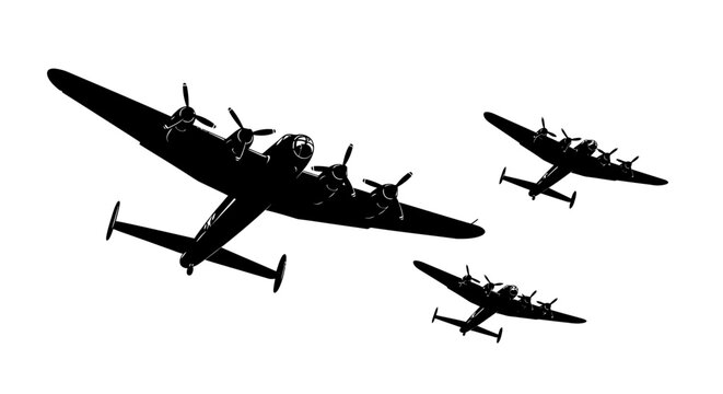 Silhouette of three vintage airplanes flying in formation against a white background.