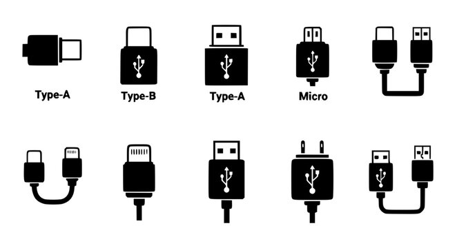Minimal USB and charger fill icon vector set EPS10 isolated on white
