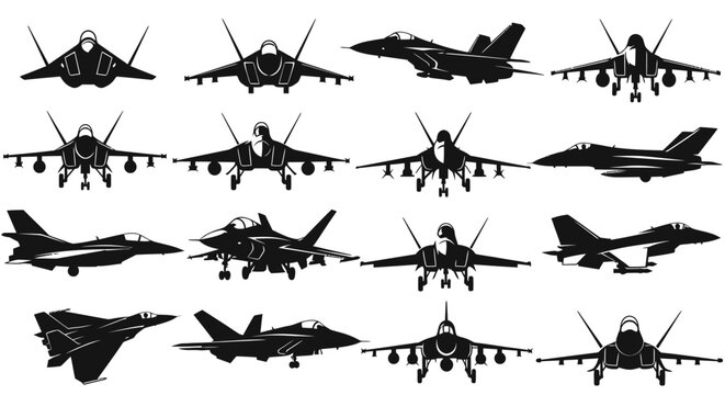 Collection of various military fighter jet aircraft silhouettes.