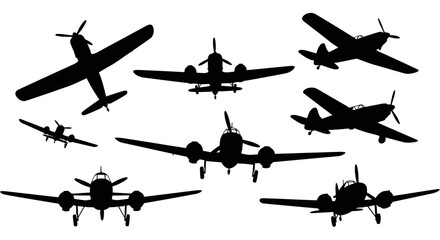 Collection of various vintage propeller airplanes in silhouette. © Gina