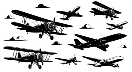 Collection of vintage and modern airplanes flying through the sky. © Gina