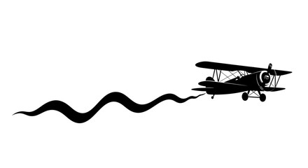 Biplane Flying with Wavy Smoke Trail Silhouette. © Joko