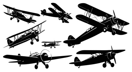 Collection of vintage biplanes and monoplanes in various flight poses, showcasing classic aircraft silhouettes. © Gina